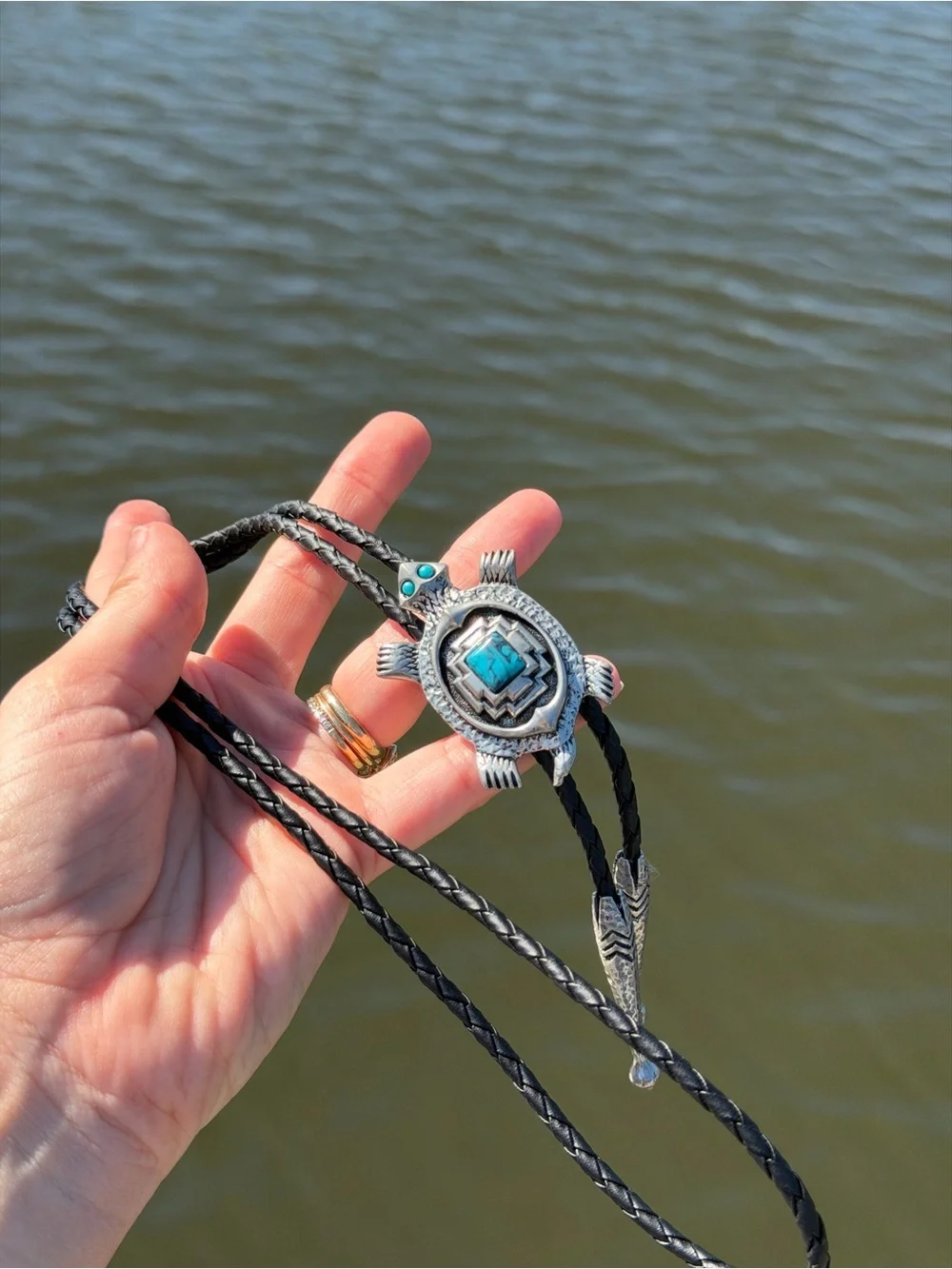 Silver Turtle Bolo Tie Necklace with Blue Inlay - Women Jewelry